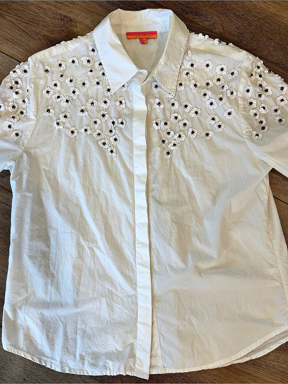 Vilagallo Floral Sequin Embellished Button Down White Waist 40